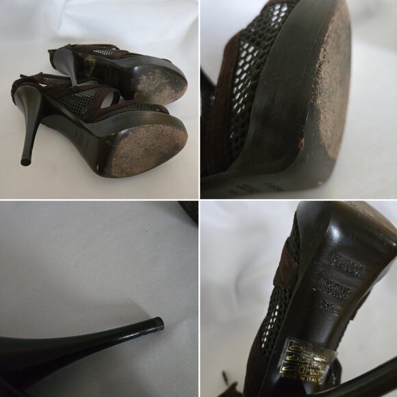 Fendi Sandalo Camoscio Rete Nylon Suede Mesh Heels Brown SZ 36.5 (6.5) - Picture 12 of 14